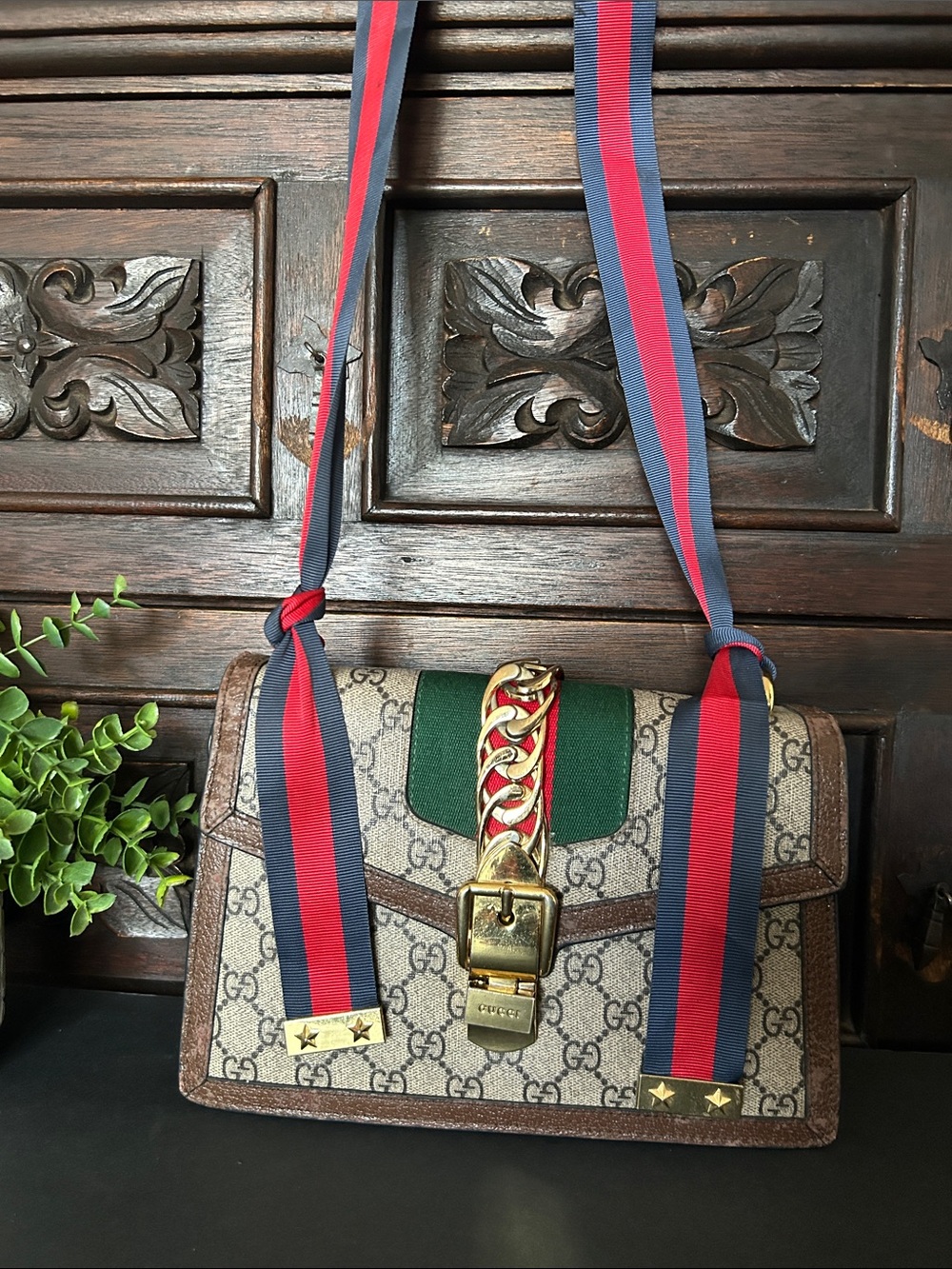 Beautiful Beige Crossbody with Green and Red-Blue Web Strap